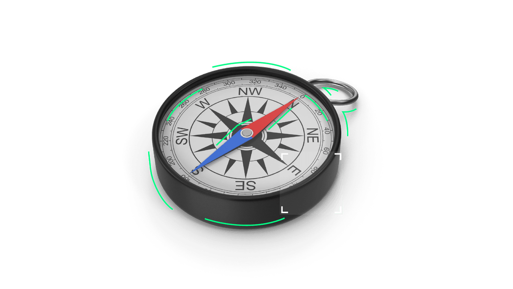 3d rendered graphic of a compass with green line illustrations surrounding it