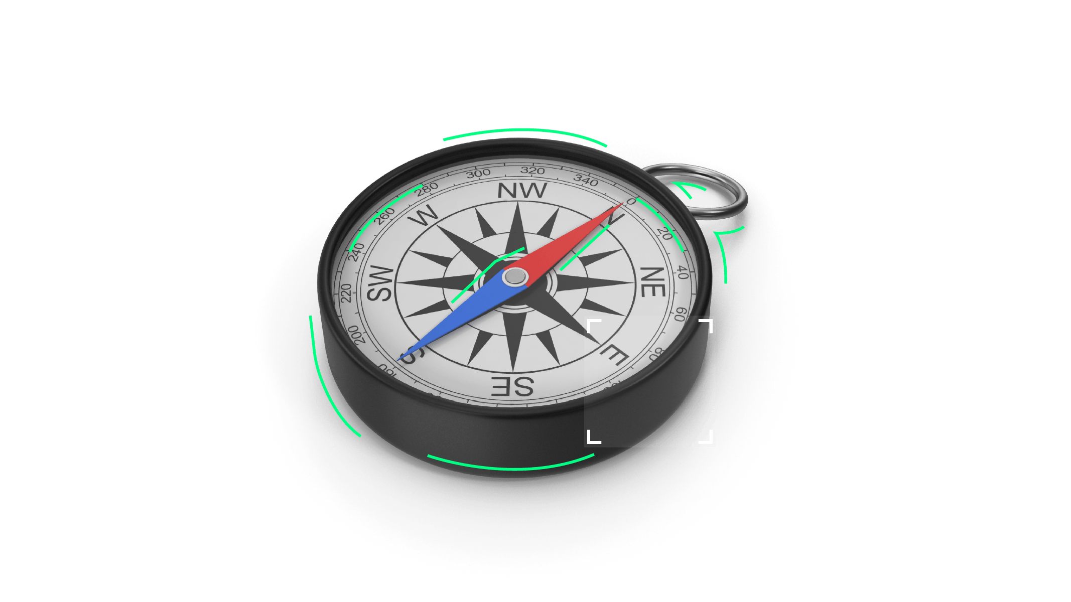 3d rendered graphic of a compass with green line illustrations surrounding it