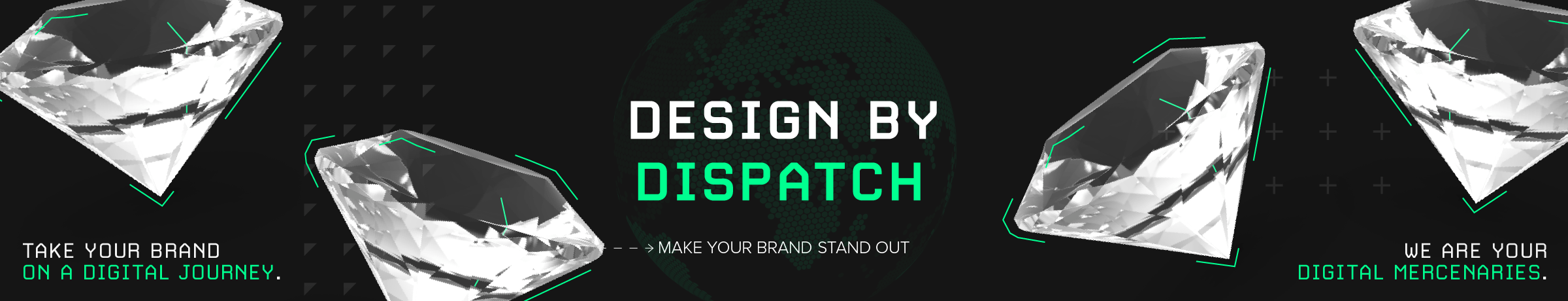 Decorative banner with 3d rendered diamonds and dispatch illustrations with 'Design by Dispatch' in the centre