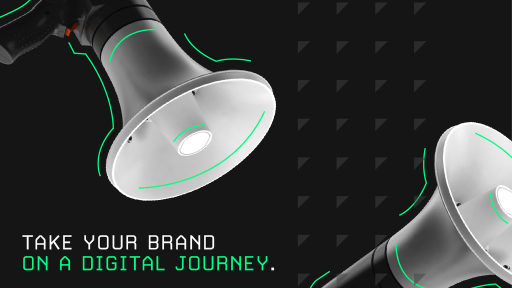 Decorative marketing triptych, Part 1 of 3. 3D-rendered megaphone with illustrated effects. Overlaying text: 'Take your brand on a digital journey'. Background: transparent patterned overlay.