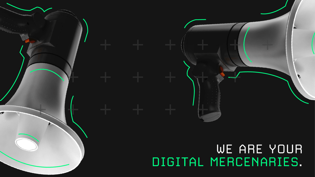 Decorative marketing triptych, Part 3 of 3. 3D-rendered megaphone with illustrated effects. Overlaying text: 'We are your digital mercenaries'. Background: transparent patterned overlay.