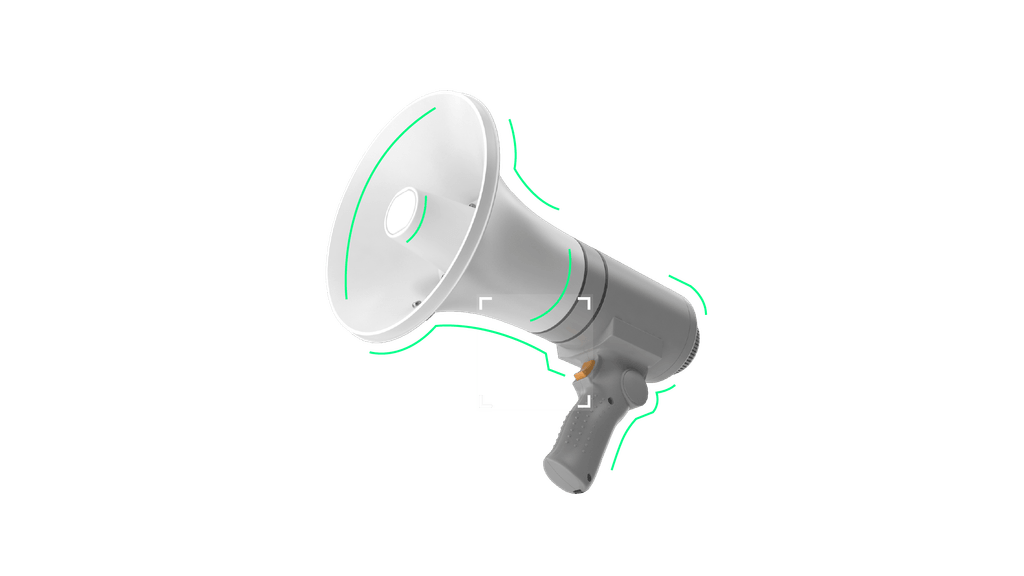 A 3D rendered of a megaphone with decorative green lines and a transparent white box over it.