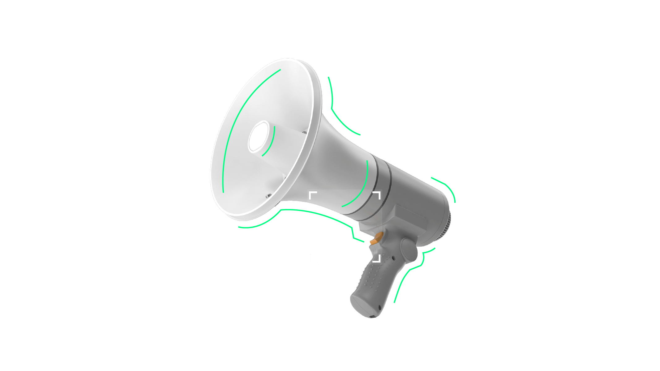 A 3D rendered of a megaphone with decorative green lines and a transparent white box over it.