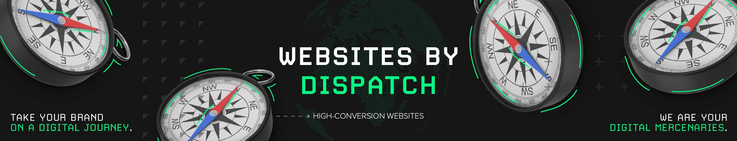 Decorative banner with 3d rendered compasses and dispatch illustrations with 'Branding by Dispatch' in the centre