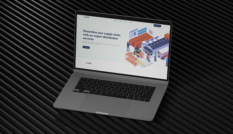 A website on a laptop mockup with a striped dark gradient background