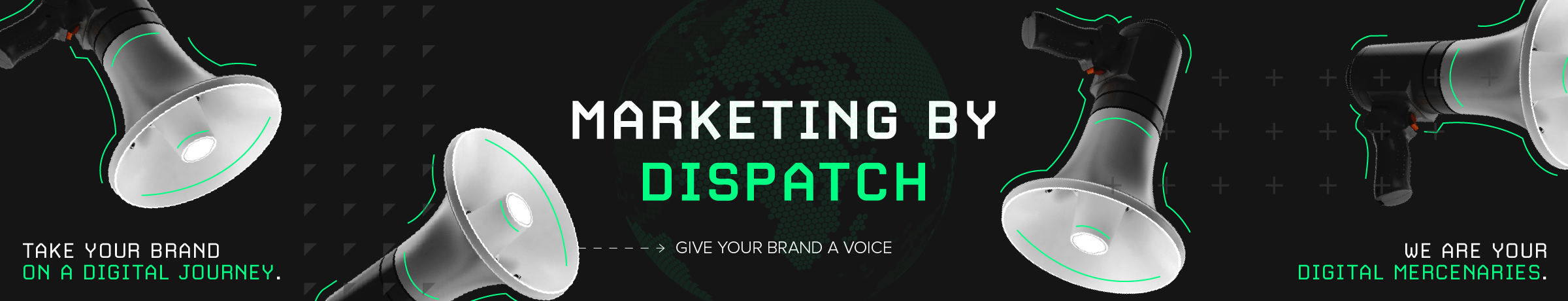 Decorative banner with 3d rendered megaphones and dispatch illustrations with 'Marketing by Dispatch' in the centre